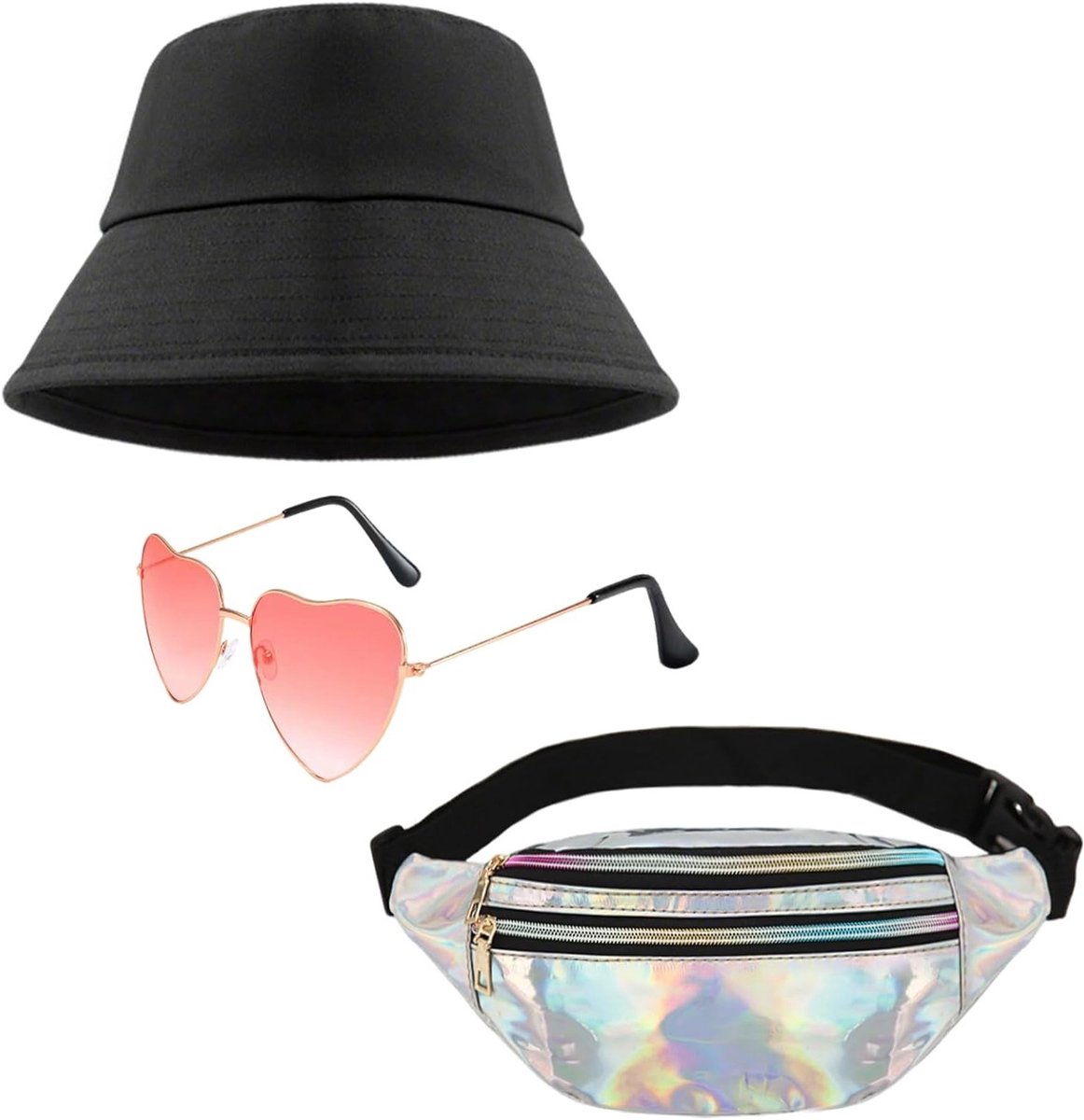 Stijlvolle accessoires voor een 80s en 90s outfit: zilveren PU heuptas, vissershoed en hartvormige brillen voor een Mallorca feestoutfit en retro kostuum voor vrouwen