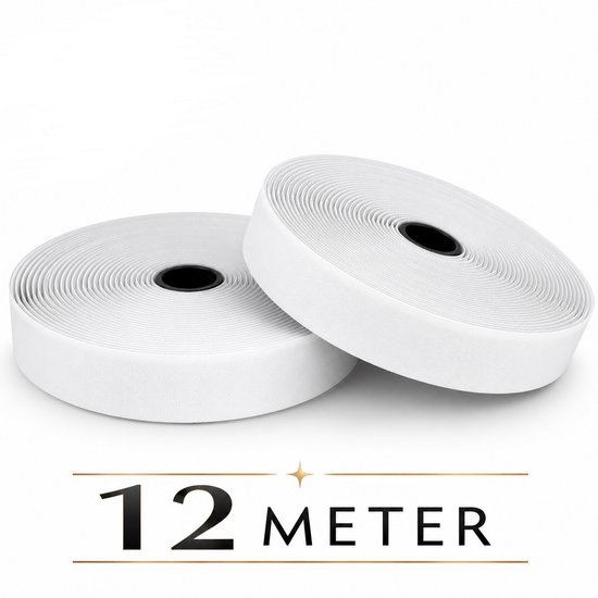 Twee rollen wit klittenband met een zwarte kern, 12 meter.