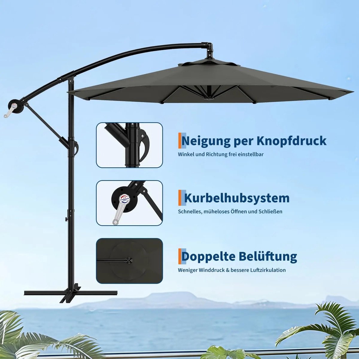 VIEMAE Parasol - Zweefparasol - Tuinparasol - Kantelbaar - 360° draaibaar - Waterafstotend - Versterkte kruisvoet - 300cm - Grijs – foto 3