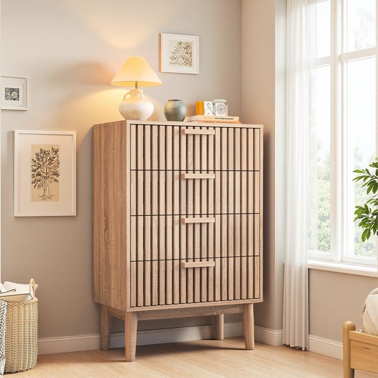 Ladekast - Opbergkast met 4 Laden – Geschikt voor Woonkamer Slaapkamer Hal – Natuurlijke houtkleur