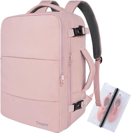 Taygeer Handbagage Rugzak 40x30x20 cm – Cabin Size met Nat Vak & Schoenenvak – 15.6 inch Laptopvak & USB-oplaadpoort – Waterafstotend Nylon – Khakiwit – Voor Vliegtuig, Zakenreis, Weekendtrip & Dagelijks Roze