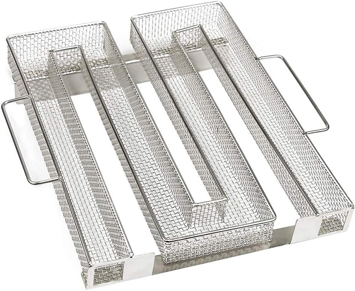 Roestvrijstalen koudrookgenerator, geschikt voor grills, barbecueovens en rookovens, M-vormig ontwerp voor een evenwichtige rookontwikkeling.