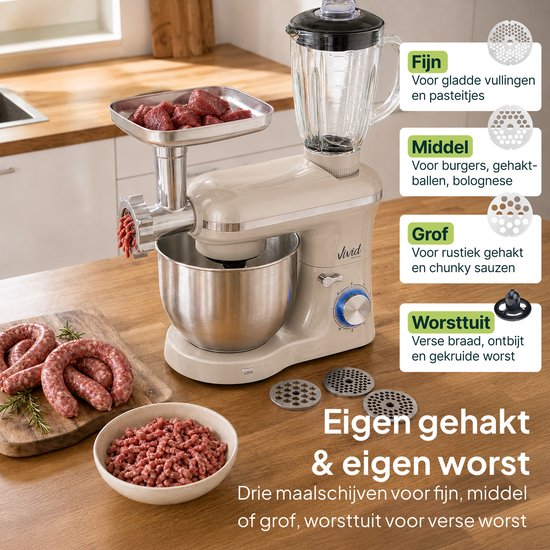 Crème keukenmixer met vleesmolen en blender, met uitleg over verschillende maalschijven en worstdarm.