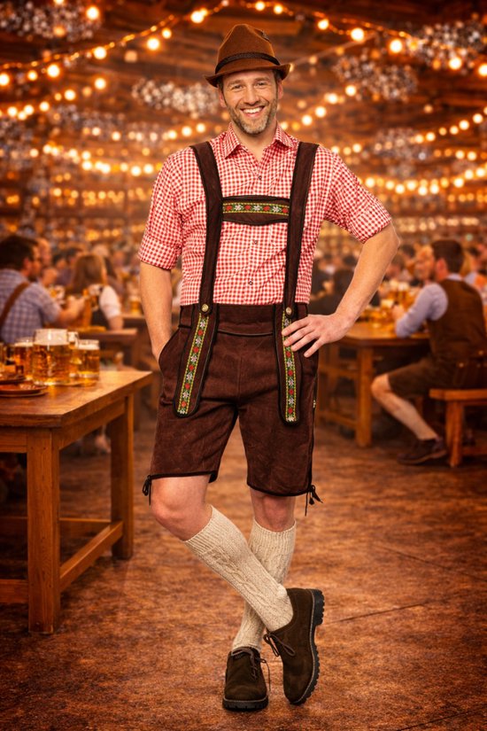 Man in bruine lederhosen, rood-wit geruit overhemd, bretels, bruine hoed, hoge witte sokken en schoenen.