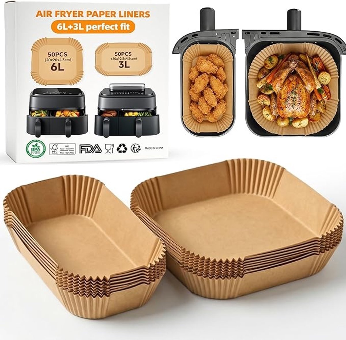 Airfryer Bakpapier Set 100 stuks - 6L en 3L - Geschikt voor Philips Dual Basket en Tefal