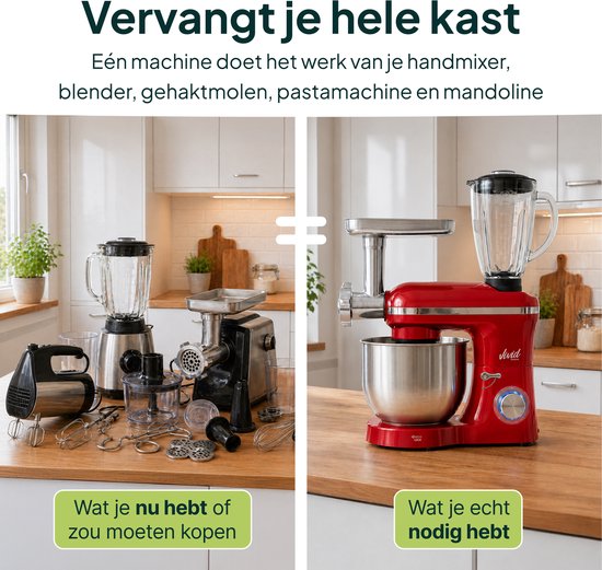 Keukenmachine multifunctioneel 2000W - Keukenrobot - Foodprocessor - Keukenmixer met RVS Mengkom - Incl. 15 Accessoires - Incl. Gehaktmolen en Blender 6.2L - Rood - Vivid Green van Vivid Green — afbeelding 2