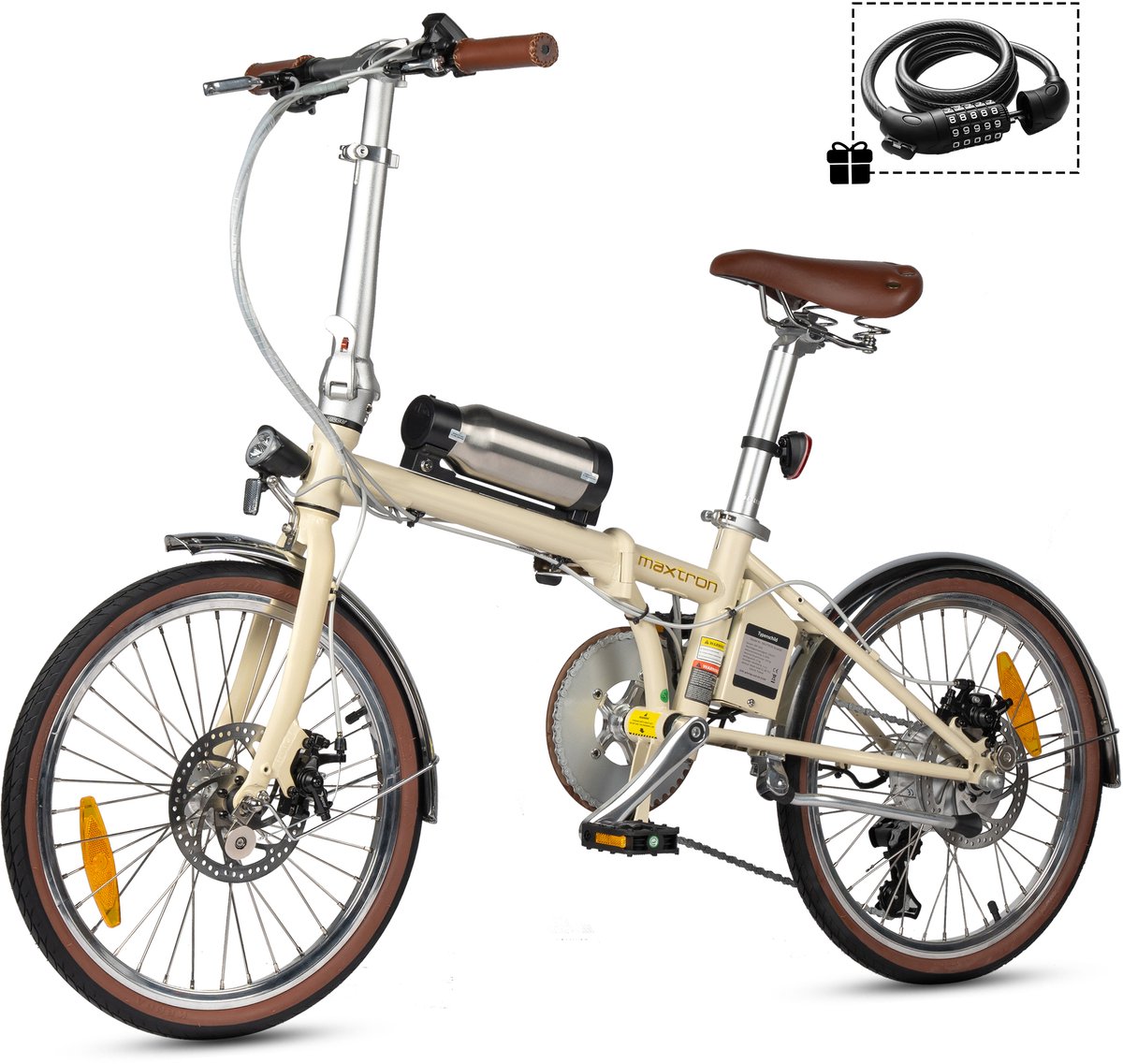 Maxtron Smart20 Elektrische Fiets – 20 Inch Opvouwbare E-bike – 36V 5.2Ah Accu – Actieradius tot 40 km – Shimano 7 Versnellingen – Schijfremmen – Stadsfiets –Inclusief gratis cijferslot– Beige
