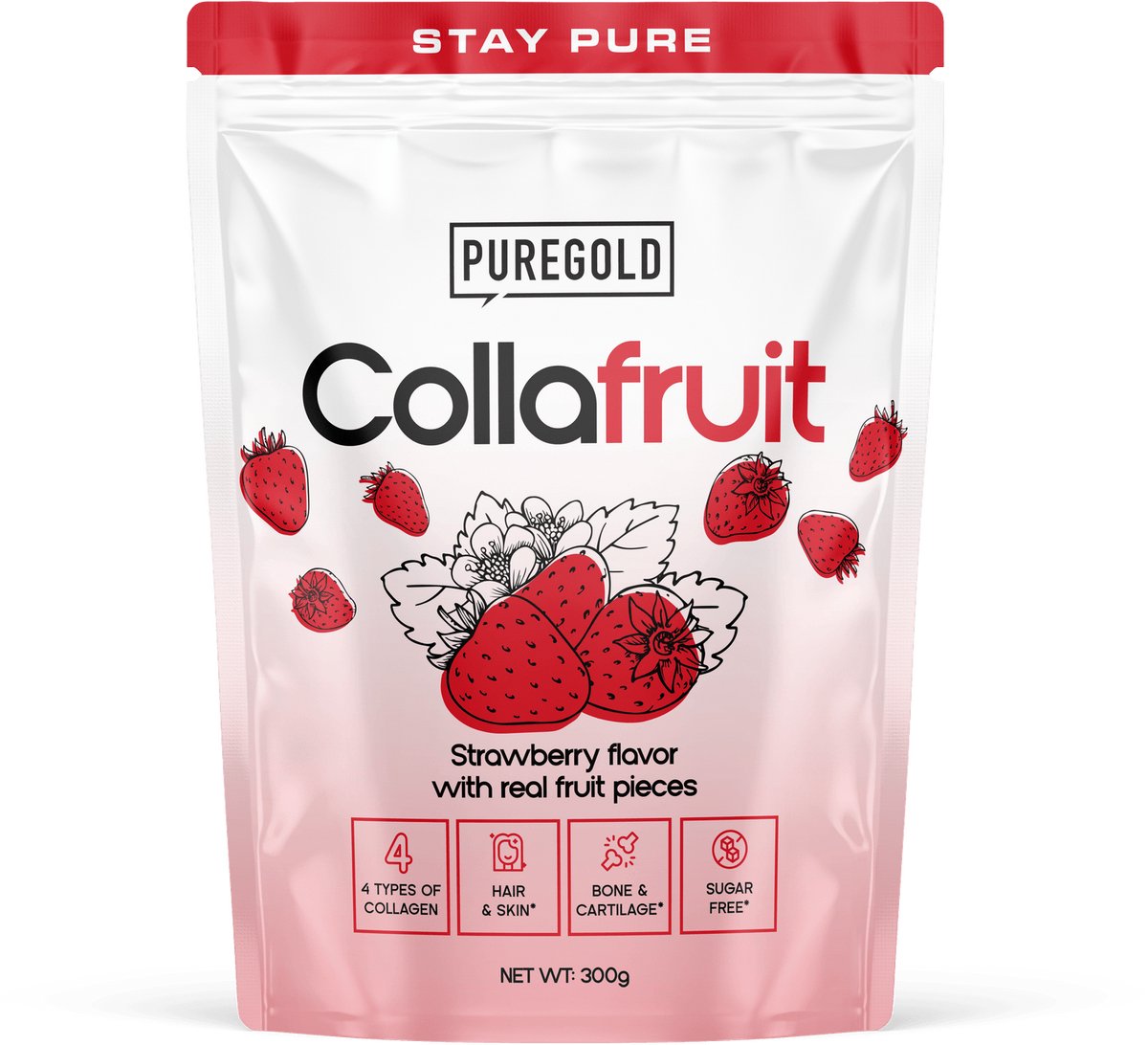 Pure Gold CollaFruit Rundercollageen Poeder – 300g – 25 Porties – 4 Types Collageen met Echte Vruchtstukjes, Vitamine C, A, Zink & Selenium – Aardbei