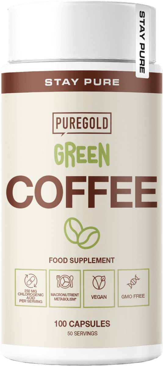Pure Gold Green Coffee – 100 Capsules – 50 Porties – Groene Koffieboon-extract met 250 mg Chlorogeenzuur & Chroom – Vegan & GMO-vrij