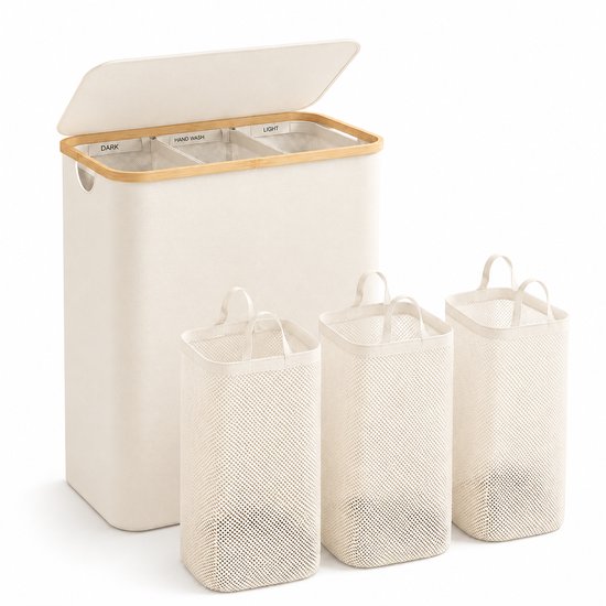 BOTC Wasmand 3 Vakken - Wassorteerder - 160L Capaciteit - Met 3 blanco etiketten - Bamboe Wasmand met Deksel - 75*57*37cm - Crème wit