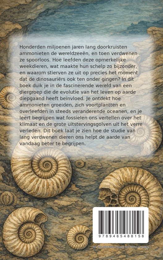Boekomslag met ammonietfossielen en tekst in het Nederlands. Twaalf ammonieten op een blauwgroene achtergrond.