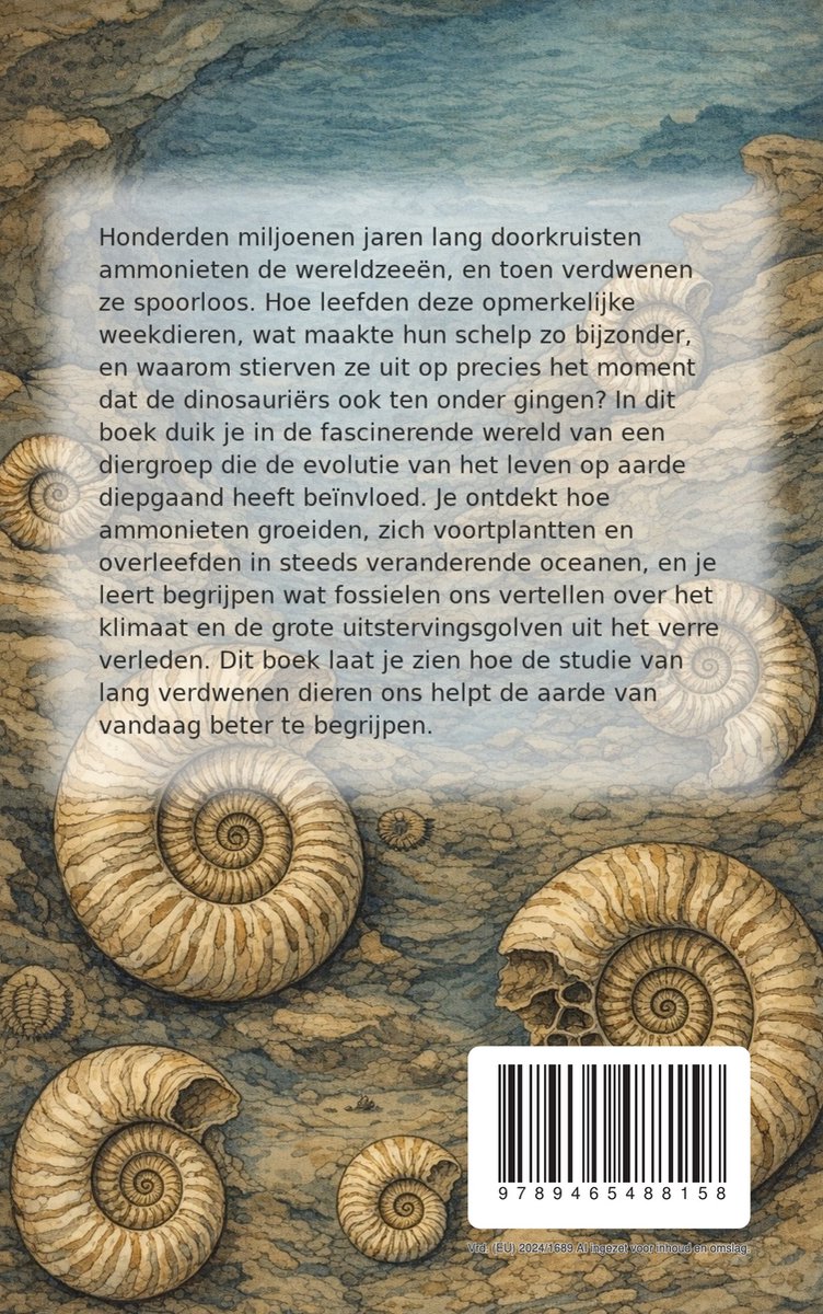 Boekomslag met ammonietfossielen en tekst in het Nederlands. Twaalf ammonieten op een blauwgroene achtergrond.