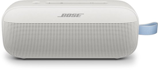 Witte Bose SoundLink Flex speaker met lichtblauwe lus, frontaal weergegeven.