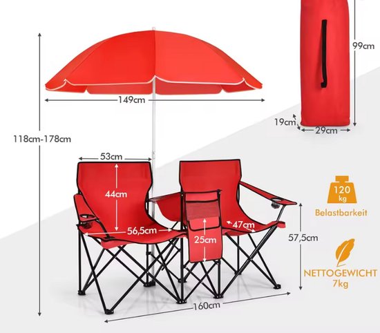 Luxe Dubbele Strandstoel met Verstelbare Parasol - Duo Klapstoel met Geïntegreerde Koelbox - Opvouwbaar & Lichtgewicht - Perfect voor Strand, Tuin of Camping - Rood van Luxe. — afbeelding 5