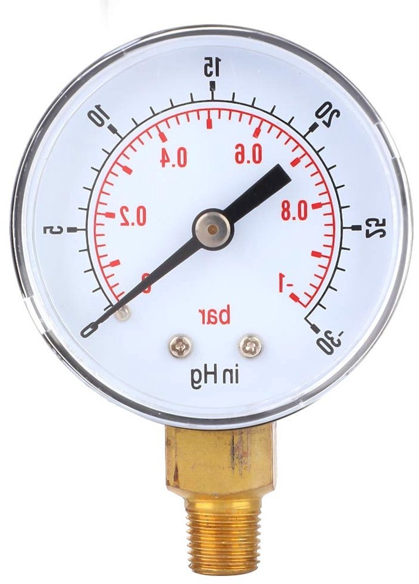 Dailygoods- Vacuum Gauge - 1/8 BSPT Aansluiting - Drukmeter - -1-0Bar/-30-0inHg - Messing - Transparante Behuizing - Nauwkeurige Meting