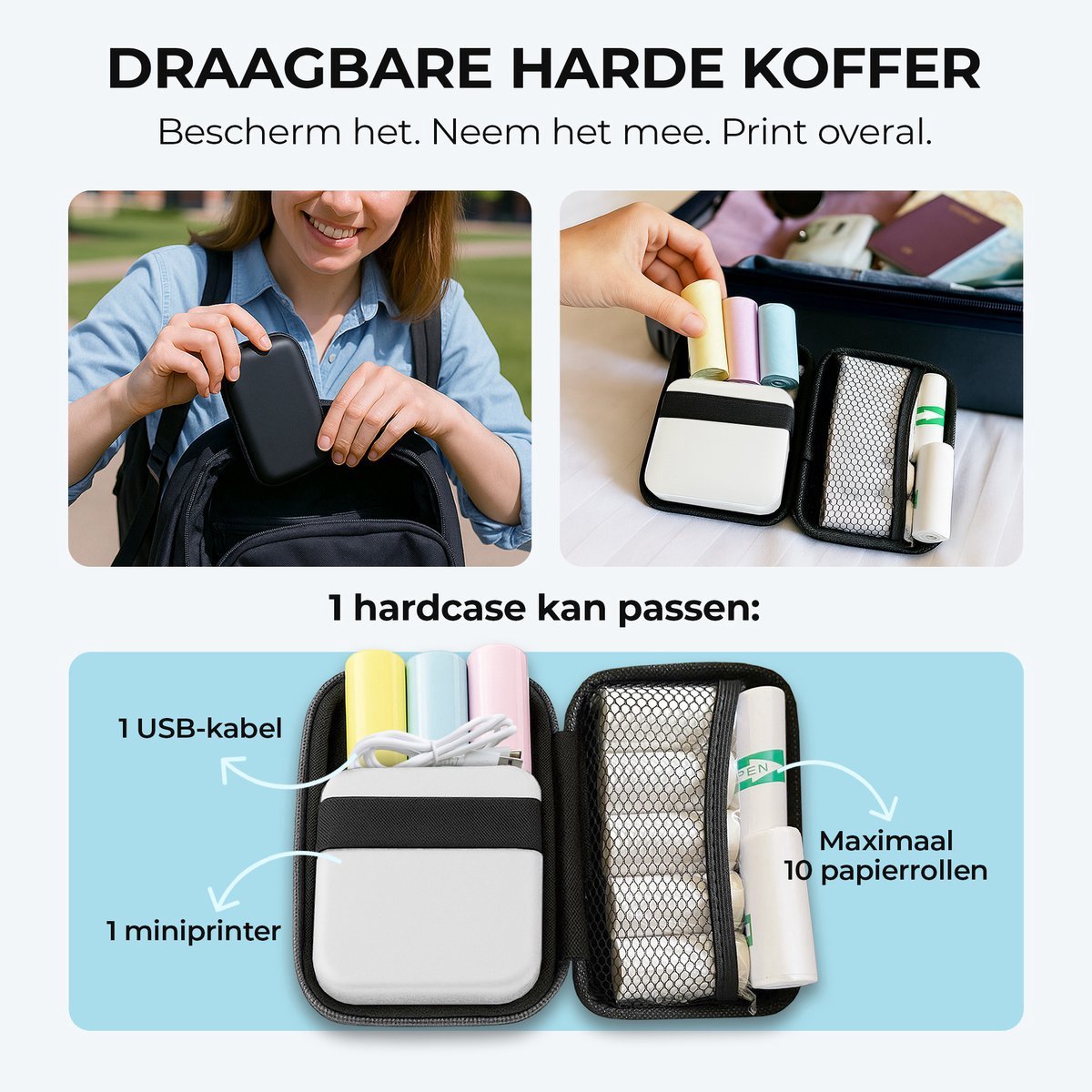 Agodeo Mini Printer - 300 DPI - Pocket Printer - Fotoprinter voor Mobiel - Mini Printer Incl.1 Harde Etui + 13 Rollen Papier (Sticker, Normaal, Kleur) + 5 Pennen - Pocket Printer Smartphone - Sticker Printer - Fotoprinter Mobiel — afbeelding 3