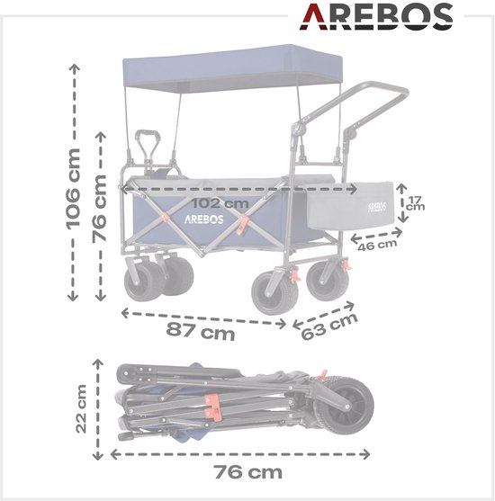 AREBOS Opvouwbare Bolderkar met Dak 100 kg Offroad Wielen XXL Opbergruimte Handkar Camping Strand Festival Blauw Grijs van Merkloos — afbeelding 2