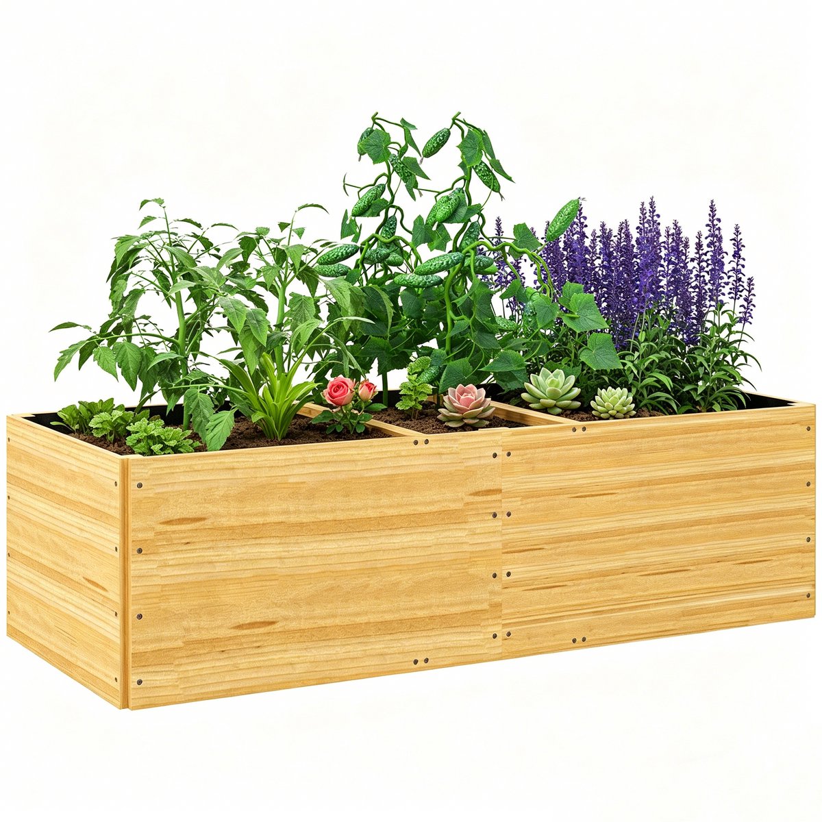 Houten Plantenbak - Moestuinbak voor Buiten - 3 Compartimenten met Worteldoek - Voor Groenten, Kruiden en Bloemen - Tuin, Terras & Balkon - 140x60x40 cm - Natuurlijk Hout
