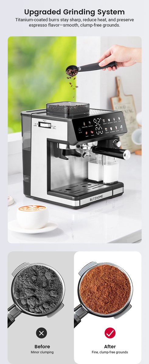 BlitzHome CM5710 Espressomachine Volautomatische met Geïntegreerde Koffiemolen, Dual Boiler, Melkopschuimer, Heet & Koud, Touchscreen Bediening, Snelle Bereiding, EU-Stekker — afbeelding 2