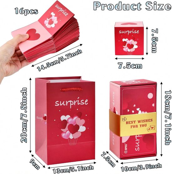 Rode geschenkdoos met hartjes, 'surprise' tekst en afmetingen.