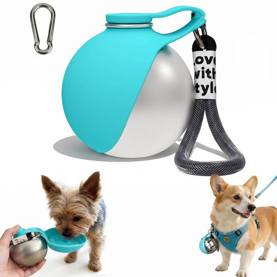 Sogiol® Drinkfles voor huisdieren - 2-in-1 draagbare drinkfles voor honden - Draagbare en opvouwbare drinkfles voor huisdieren - Ronde roestvrijstalen behuizing met siliconen kom - Lekvrije afsluiting - 285 ml - Compact en draagbaar - blauw