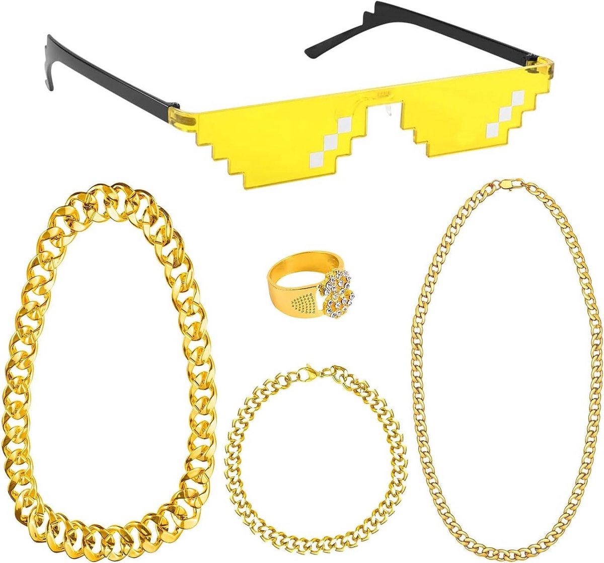 Gouden Dollar Ketting Set - Compleet HipHop Kostuum met Accessoires voor Themafeesten, Retro 70s, 80s en 90s Stijl