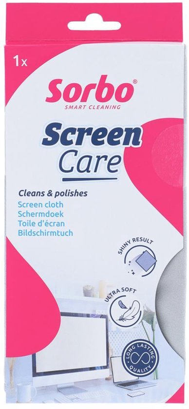 De verpakking van Sorbo Screen Care. Op de voorkant staat "Cleans & polishes" en "Screen cloth" met pictogrammen voor "shiny result", "ultra soft" en "long lasting quality".