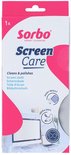 De verpakking van Sorbo Screen Care. Op de voorkant staat "Cleans & polishes" en "Screen cloth" met pictogrammen voor "shiny result", "ultra soft" en "long lasting quality".