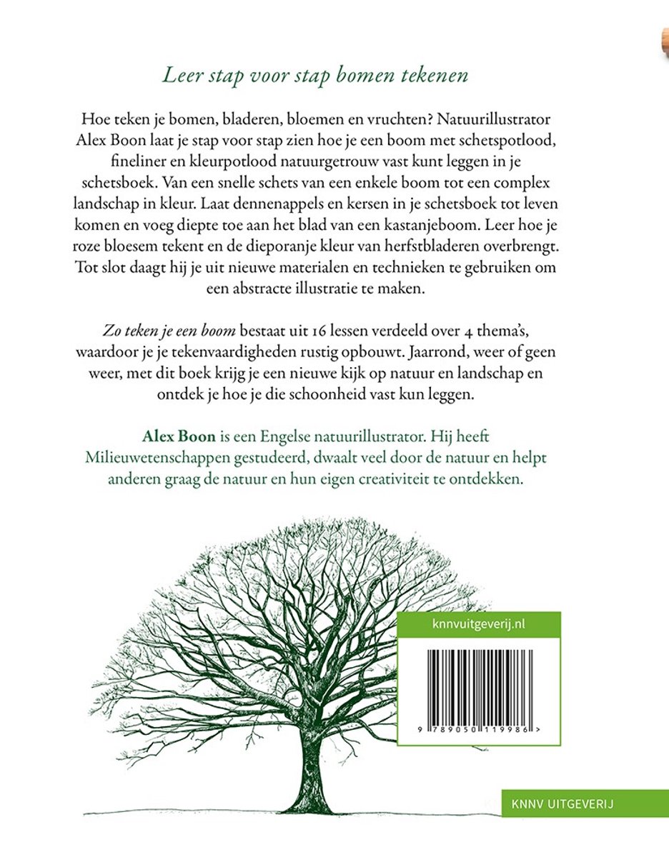 Achterkant van het boek 'Zo teken je een boom'. Een getekende boom met takken en bladeren, met tekst en een barcode.