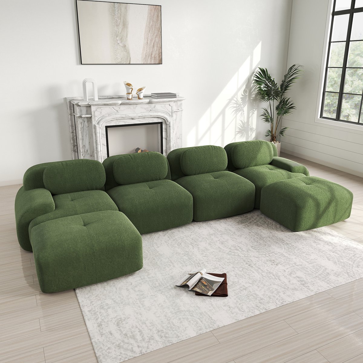 REDOM Modulaire Hoekbank - Montagevrij & Ergonomisch - Minimalistisch Design - Ribstof - Groen - 388x178x75 cm