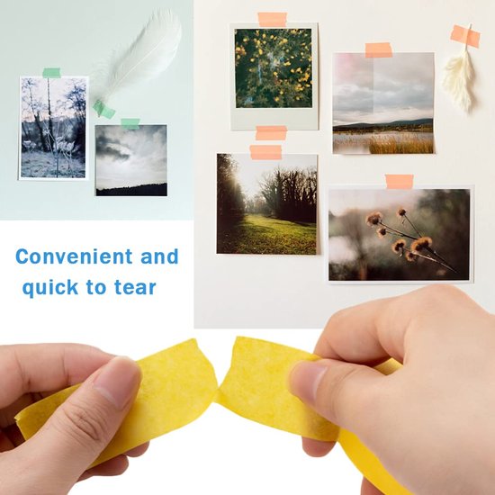 Gekleurde tape bevestigd aan foto's op een muur, met handen die gele tape scheuren.
