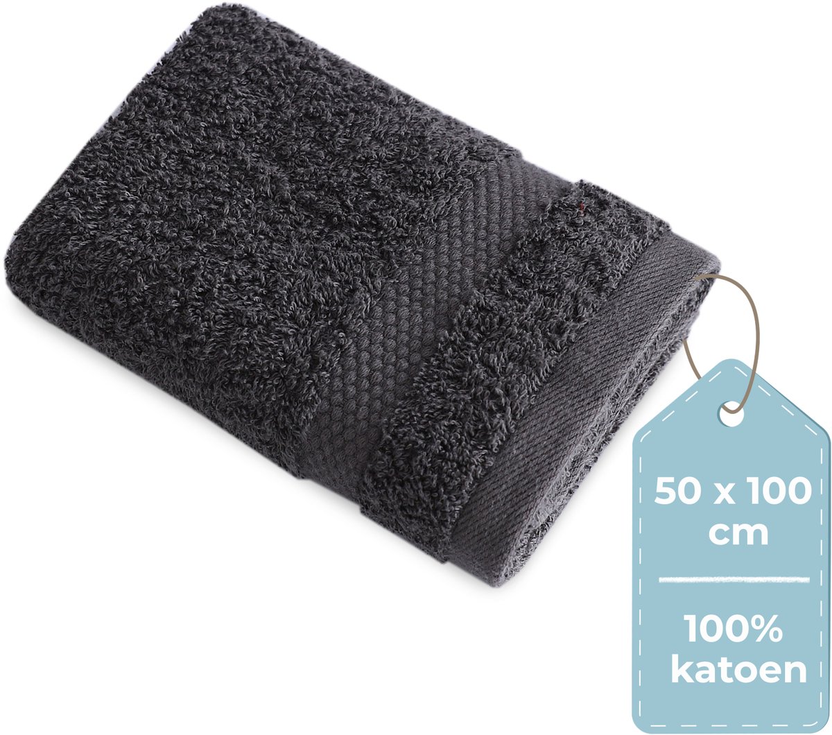 HUSH Living Handdoek - per stuk - 50×100 cm - 100% katoen - zware kwaliteit 500g/m2 - stijlvol boord en ophanglus - antraciet