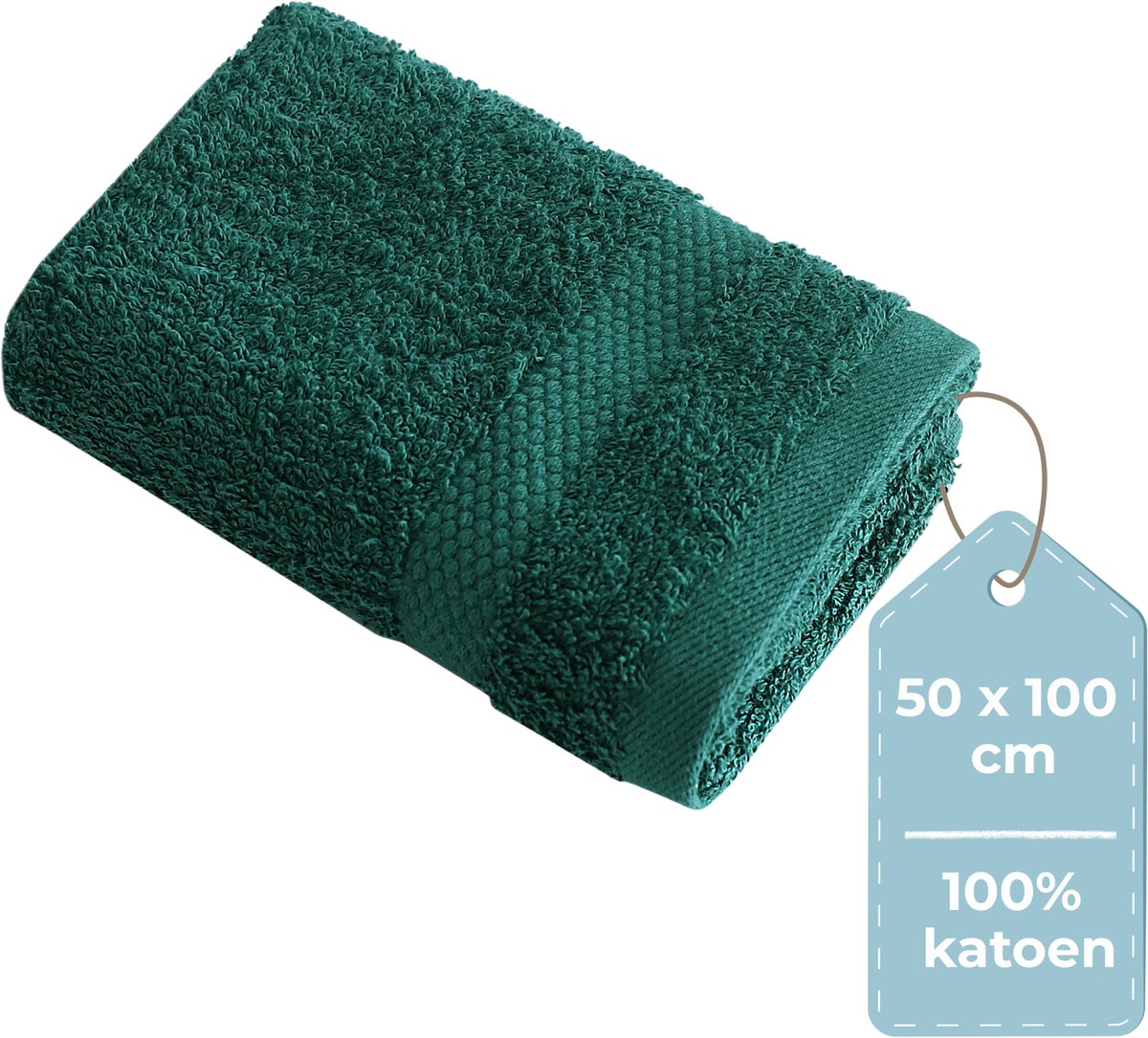 HUSH Living Handdoek - per stuk - 50×100 cm - 100% katoen - zware kwaliteit 500g/m2 - stijlvol boord en ophanglus - donkergroen