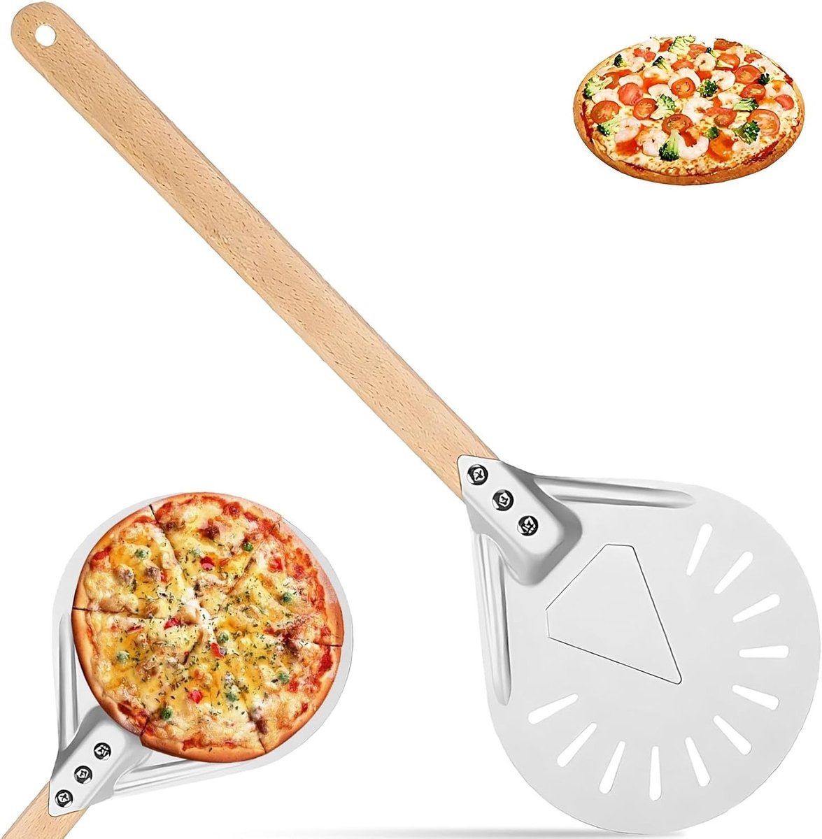 Perforated Pizza Draaitray met Lange Houten Handgreep, Anti-aanbak Spatel voor Zelfgemaakte Pizza's, Aluminium Bakpaddle voor Brood en Taart, Professioneel en Hittebestendig