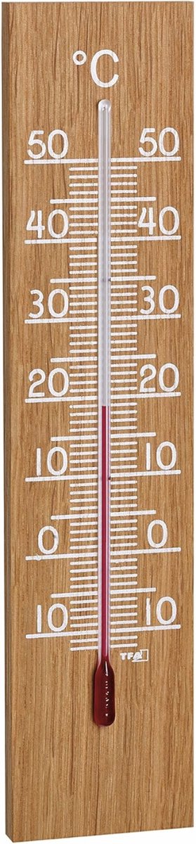Analoge binnen- en buitenthermometer, 12.1054.01, weerbestendig, hoge nauwkeurigheid, eiken, L 46 x B 12 x H 200 mm