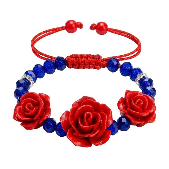 Charms roses rouges avec perles de verre bleues, sur un cordon rouge à fermeture coulissante.