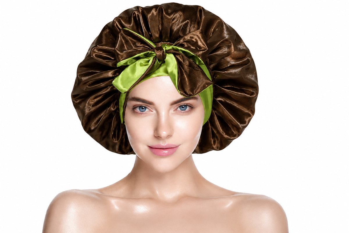 Dubbelzijdige Satijnen Slaapmuts met Verstelbare hoofdband met Lange Lussen - Bonnet van Satijn - Haarnetje - Bruin/Groen