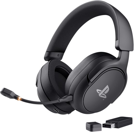 Zwarte draadloze gaming headset met PlayStation logo, USB-dongle en verlichte microfoon, voor PS5.
