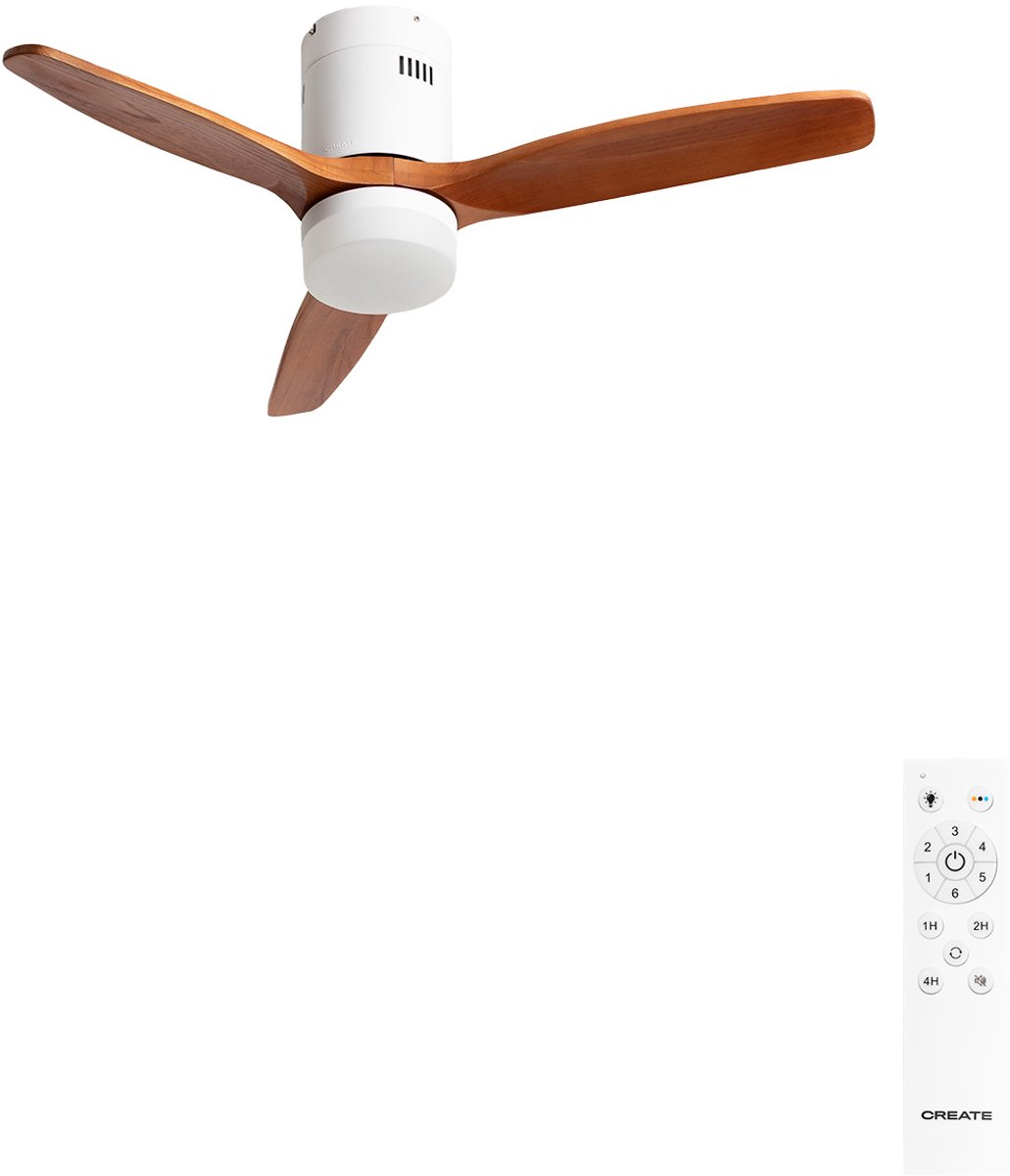 CREATE - Plafondventilator 40W silent 100% hout (Ø132cm) (ruimtes 10m²-25m²) - Wit / Donker hout - Met licht - Afstandsbediening - WIND CALM NATURAL WOOD