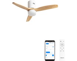 CREATE - Plafondventilator 40W silent 100% hout (Ø132cm) (ruimtes 10m²-25m²) - Wit / Licht hout - Met licht - WIFI + Afstandsbediening - WIND CALM NATURAL WOOD