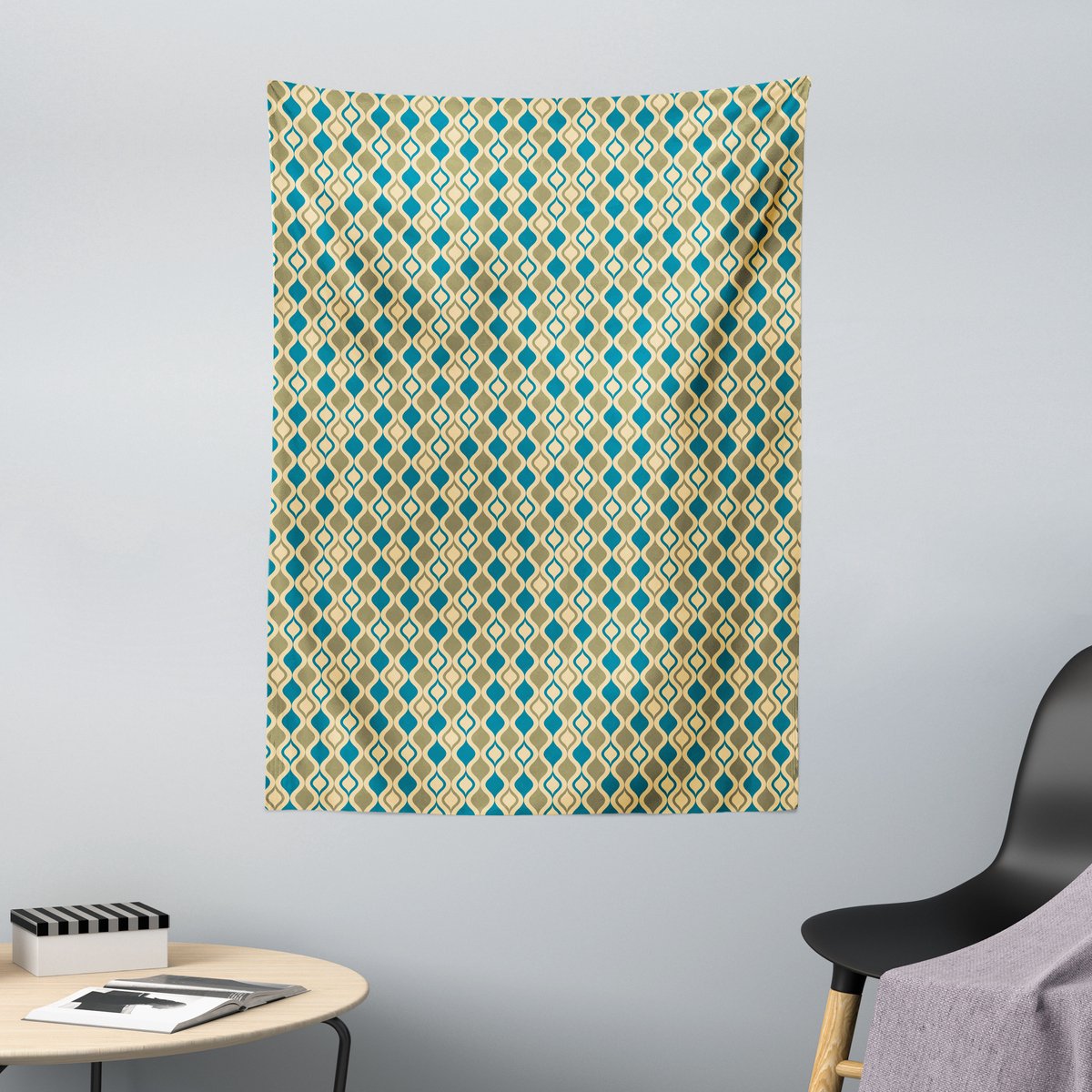 ABAKUHAUS Retro Wandtapijt, Verticaal Ogee-patroon Vintage Stijl, 110 x 150 cm, Blauw Beige Crème Blauw