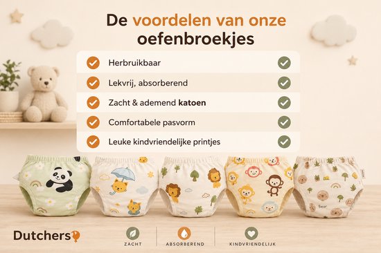 Vijf oefenbroekjes met vrolijke prints: panda, kat, leeuw, aapjes en beren.