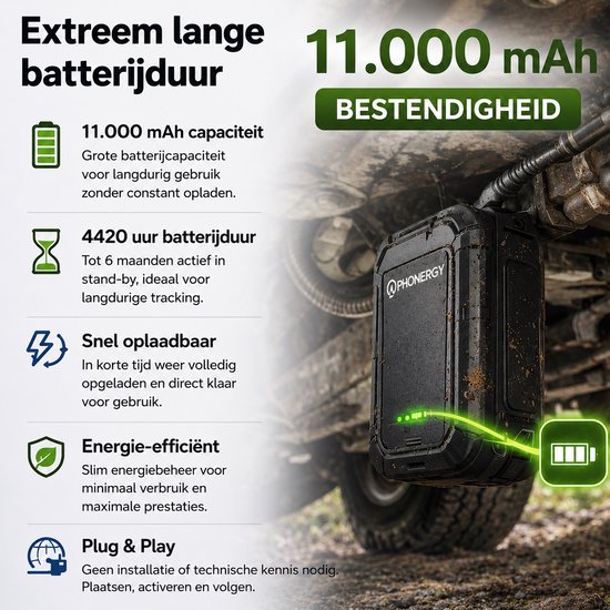 Phonergy Trackmaster- GPS Tracker - 2026 Model - Gps tracker auto - Gps tracker fiets - 4420 uur batterijduur- 1 Meter nauwkeurig - 250+ landen + Europa dekking - Waterdicht - Inclusief draagtas -Gps tracker zonder abonnement - Zwart