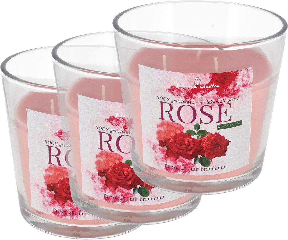 Geurkaarsen Roos in Glas - Set van 3 Grote Geurkaarsen - 3 Lonten - Rose Scented Candle - 
