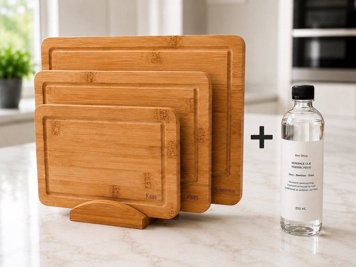 See-Shop Snijplanken Set met Houder - 3-Delig - (38x25 / 30x20 / 25x15 cm) - Gecarboniseerd Bamboe - Snijplank Bamboe voor Brood, Kaas en Tapas - Antibacterieel