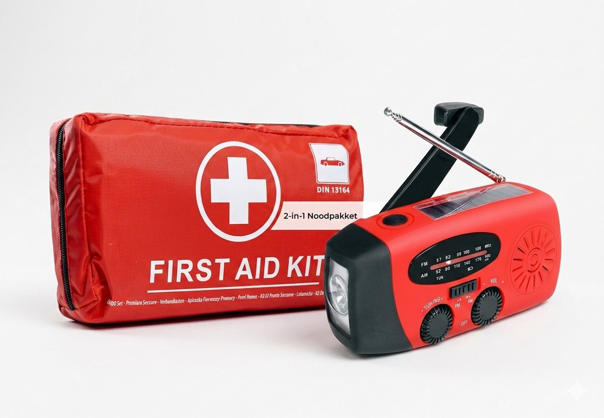 Quality Trade - Noodpakket - 2 in 1 - Noodradio - EHBO kit - Denk Vooruit - Survivalset - 72 uur batterij - warmtedeken - nooddeken