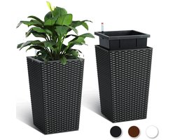 M-Goods - Plantenbak Set van 2 – Zelfwaterend 40 cm – Rotan Bloempot met Waterniveau Indicator – Hoge Bloempot Binnen & Buiten – Zwart