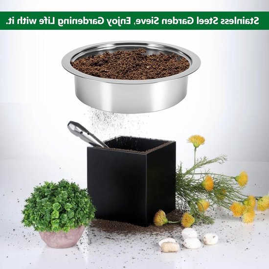 5-in-1 Tuinszeef van RVS met 5 Verwisselbare Zeefinzetten voor Compost, Grond en Zand, Inclusief Handschep voor Efficiënt Tuinieren — afbeelding 2