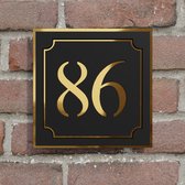 Huisnummerbord vierkant met elegant kader - zwart/goud - plakstrip - 15 cm
