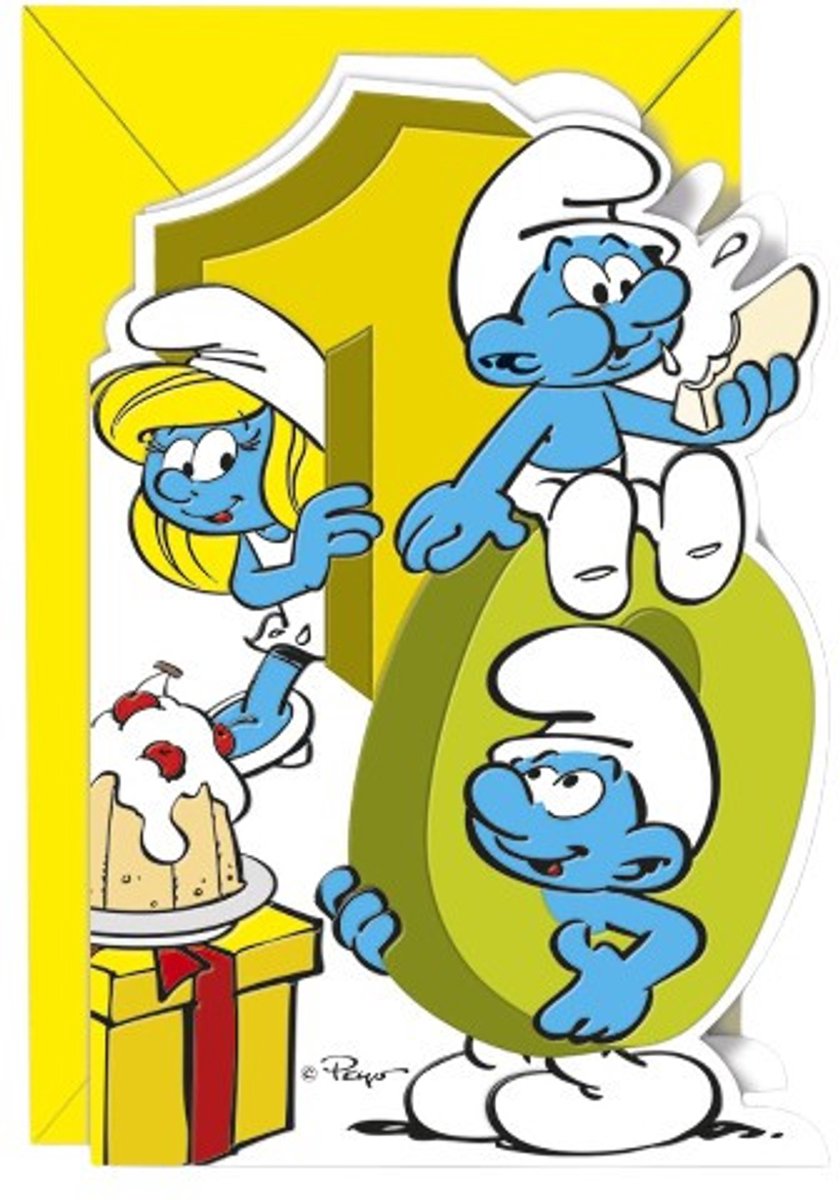 Smurfin en Smurfen die eten – De Smurfen Reliëf Verjaardagskaart – 10 Jaar – Cromo